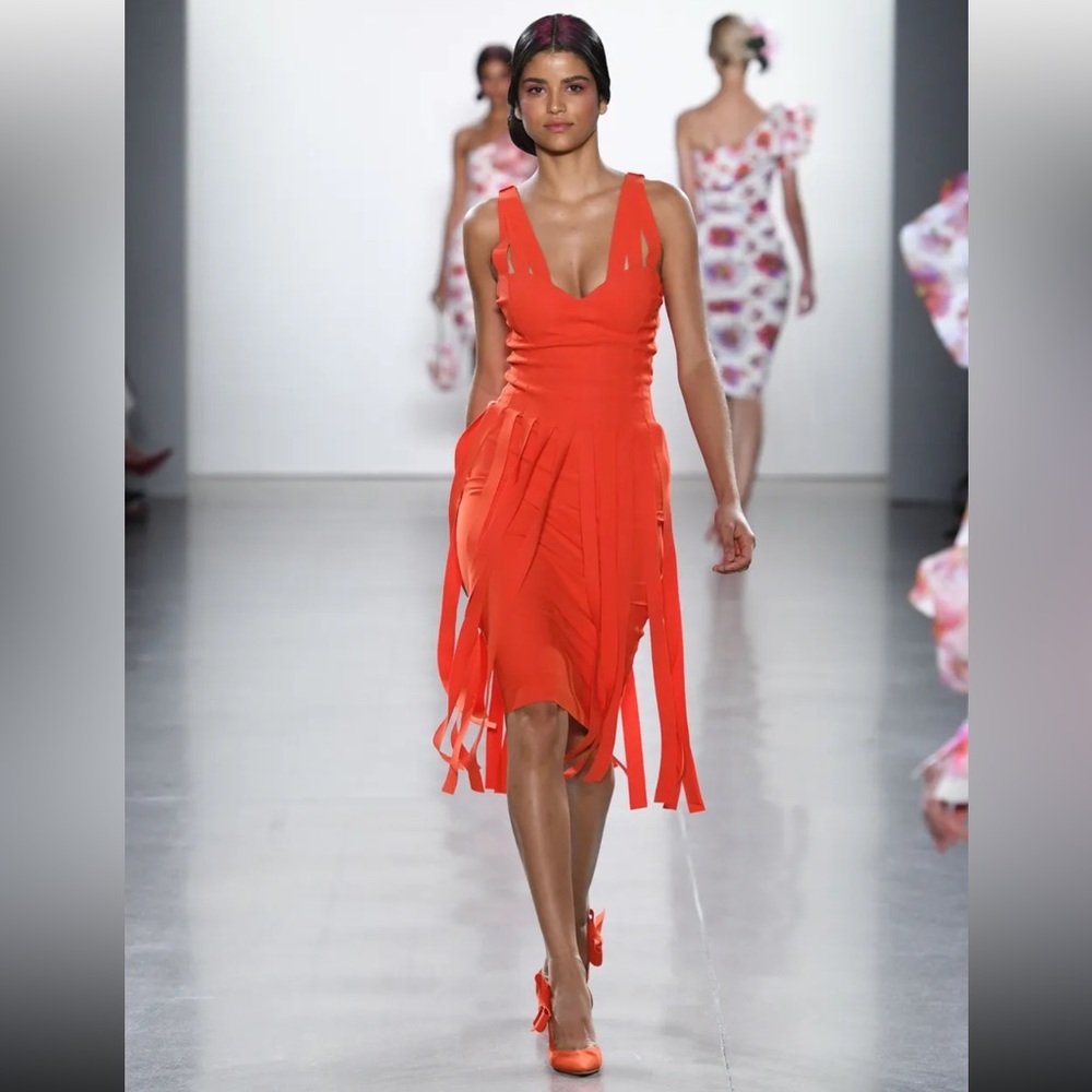Chiara Boni La Petite Robe red orange bandage dress with fringe skirt, XS